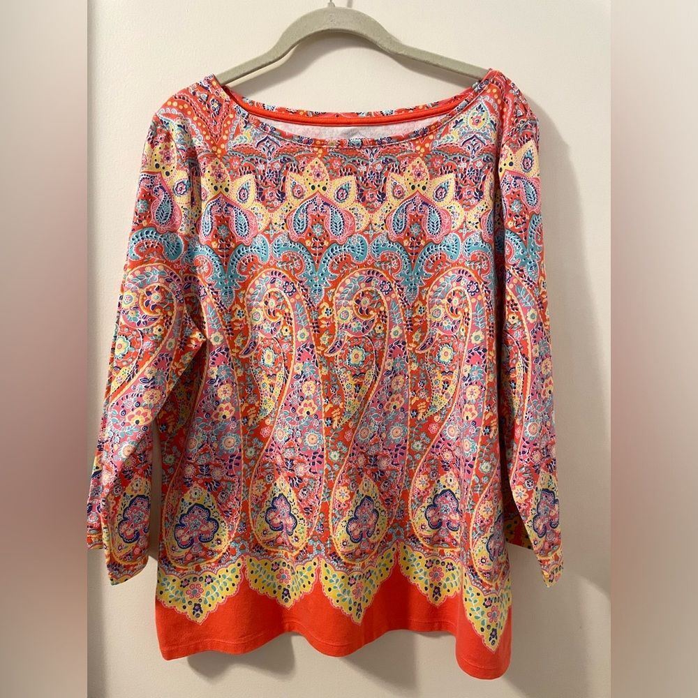 Talbots Bohemian Cotton Bateau Neck Tee Medallion Paisley Floral Sz XL